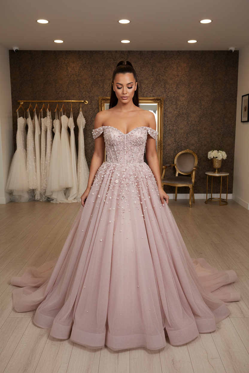 NIL-NS-257 Dusty Rose Blush Pearl Crystal Ball Gown Engagement Dress - Front View