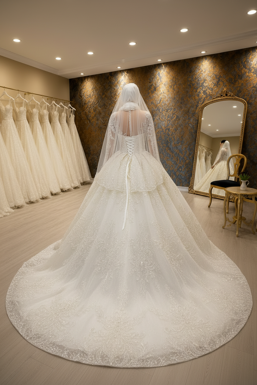 NIL-019 Off White Ivory Royal Princess Ball Gown back view by NIL Wedding Dress