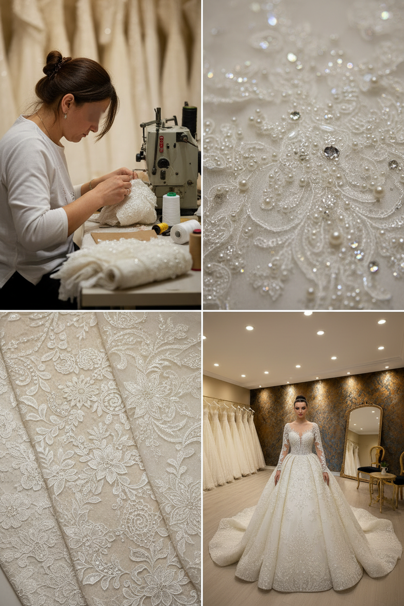 NIL-019 Off White Ivory Royal Princess Ball Gown atelier lifestyle collage by NIL Wedding Dress