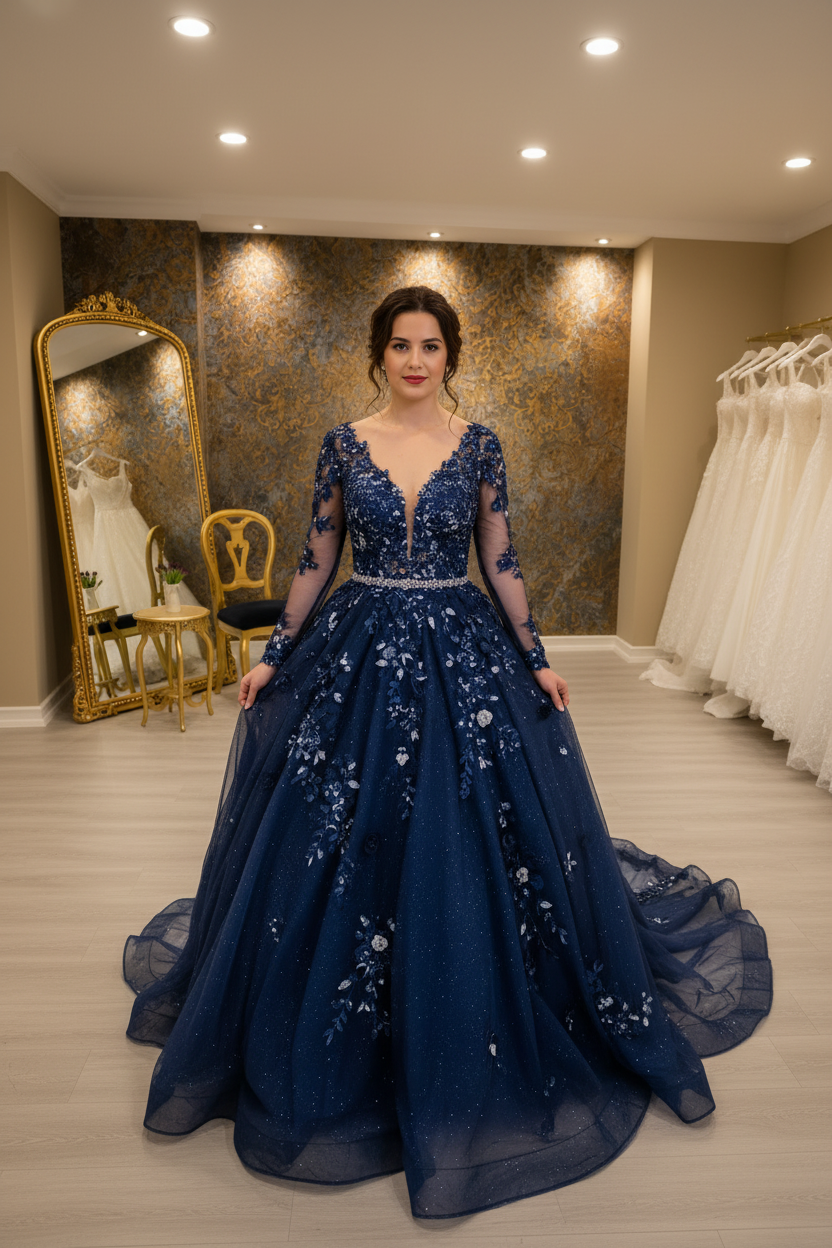 NIL-NS-243 Navy Blue Sapphire Crystal Ball Gown Engagement Dress - Front View
