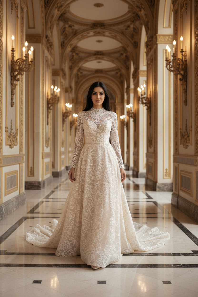 NIL-091 Champagne A-Line Modest Bridal Gown – Walking Pose