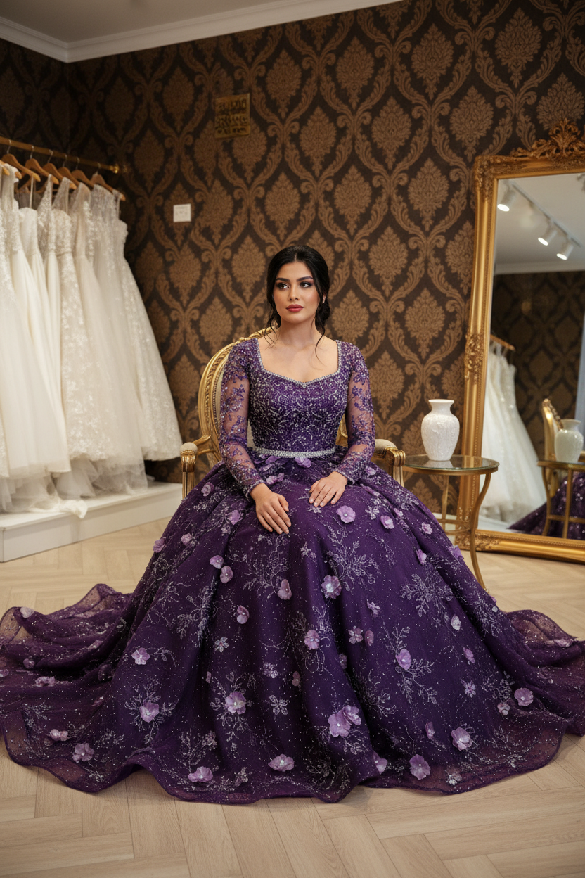 NIL-NS-238 Deep Purple Amethyst Crystal Ball Gown Engagement Dress - Front View