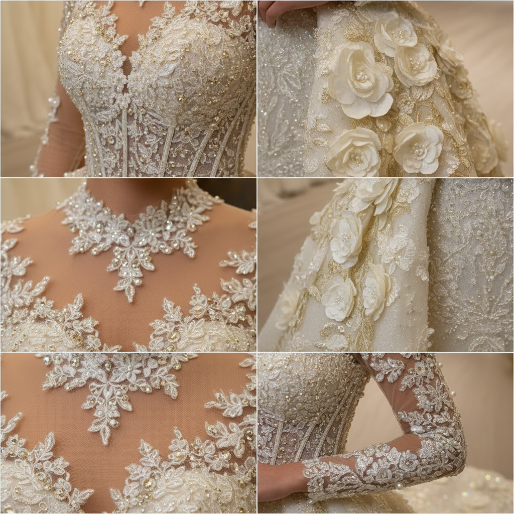 NIL-028 Gold Crystal Embroidery & 3D Floral Lace Detail