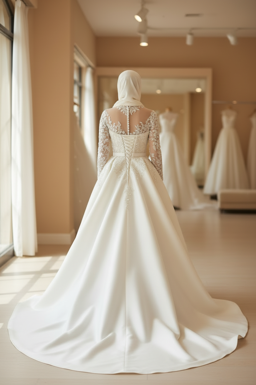 NIL-009 Soft Ivory Princess Ball Gown back view with high illusion neckline long lace sleeve and cathedral train by NIL Wedding Dress