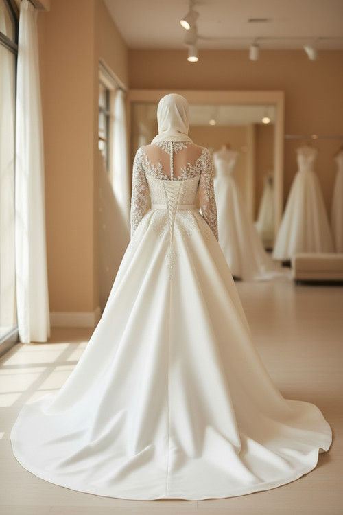 NIL-009 Soft Ivory Princess Ball Gown back view with high illusion neckline long lace sleeve and cathedral train by NIL Wedding Dress