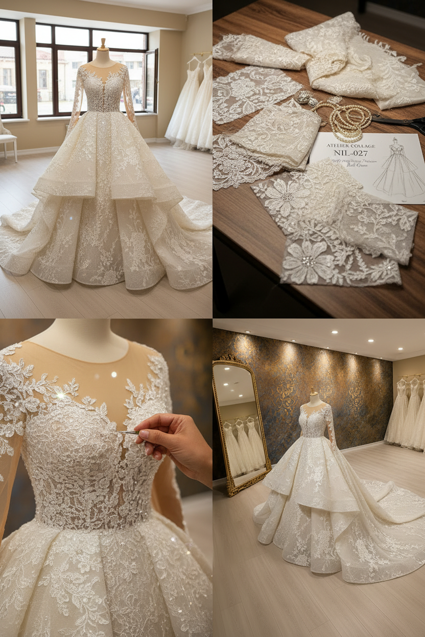 NIL-027 Soft Ivory Royal Princess Ball Gown atelier collage by NIL Wedding Dress