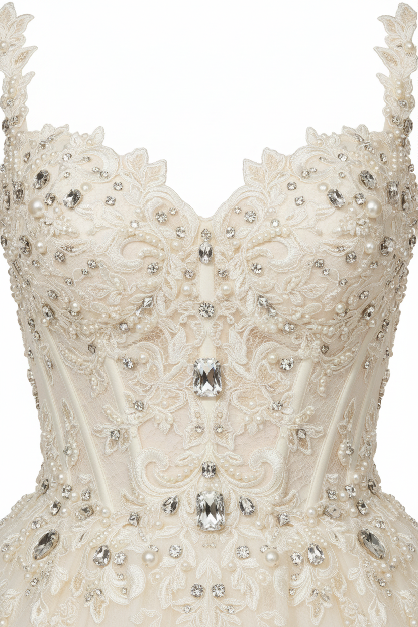 NIL-110 Soft Ivory Princess Ball Gown – Lace Embroidery Detail