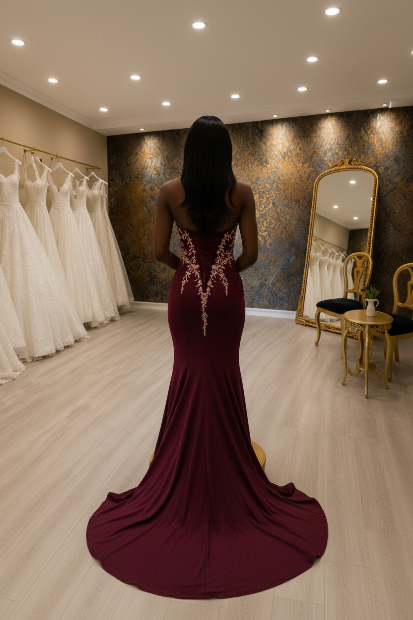 NIL-NS-254 Burgundy Rose Gold Crystal Mermaid Engagement Dress - Back View
