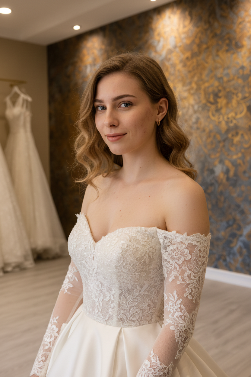 NIL-265 Off-Shoulder Satin Ballgown - Neckline & Bodice Detail
