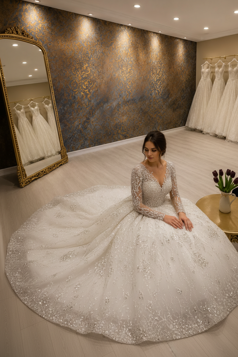 NIL-258 Crystal Couture Wedding Gown - Seated Pose