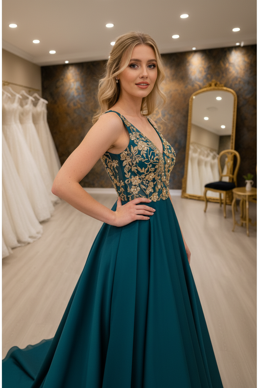 NIL-NS-258 Teal Turquoise Gold 3D Floral Crystal A-Line Engagement Dress - Front View
