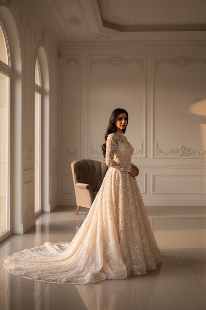 NIL-091 Champagne A-Line Modest Bridal Gown – Side View