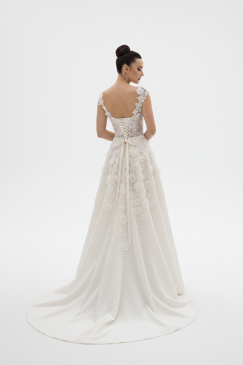 NIL-124 soft ivory A-line wedding dress back view with sweep train by NIL Wedding Dress