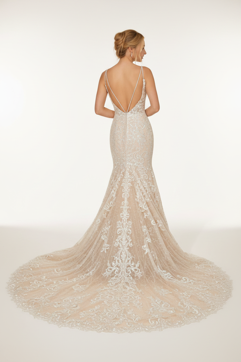 NIL-125 champagne ivory mermaid wedding dress back view with royal train by NIL Wedding Dress