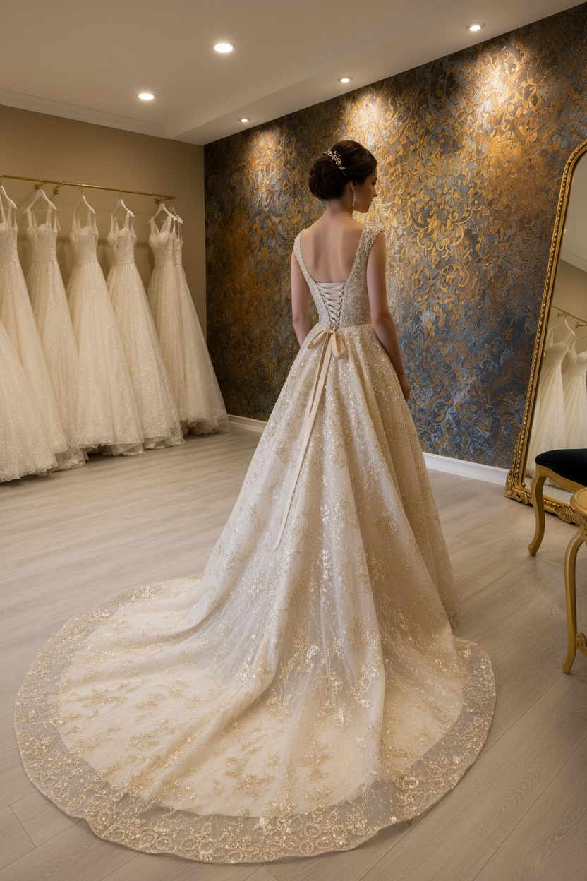 NIL-051 champán Gold Lujo vestido de novia – vista trasera