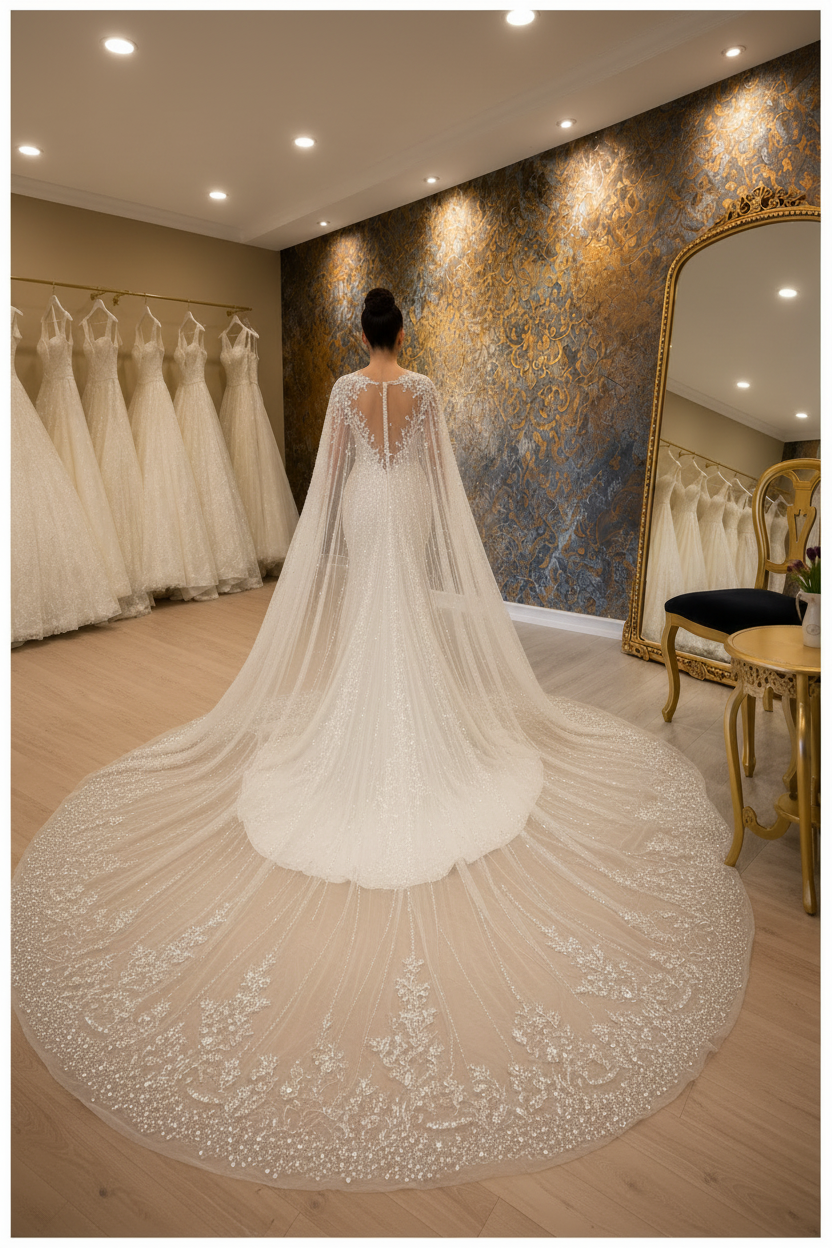 NIL-066 Detachable Cape vlečka svatební róba – pohled zezadu
