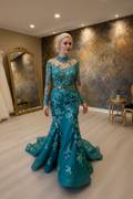 NIL-NS-245 Teal Turquoise Gold Crystal Mermaid Engagement Dress - Front View