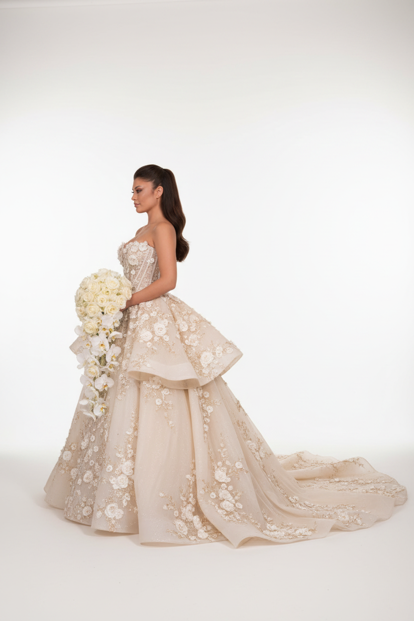 NIL-111 Champagne Royal Ball Gown – Side View
