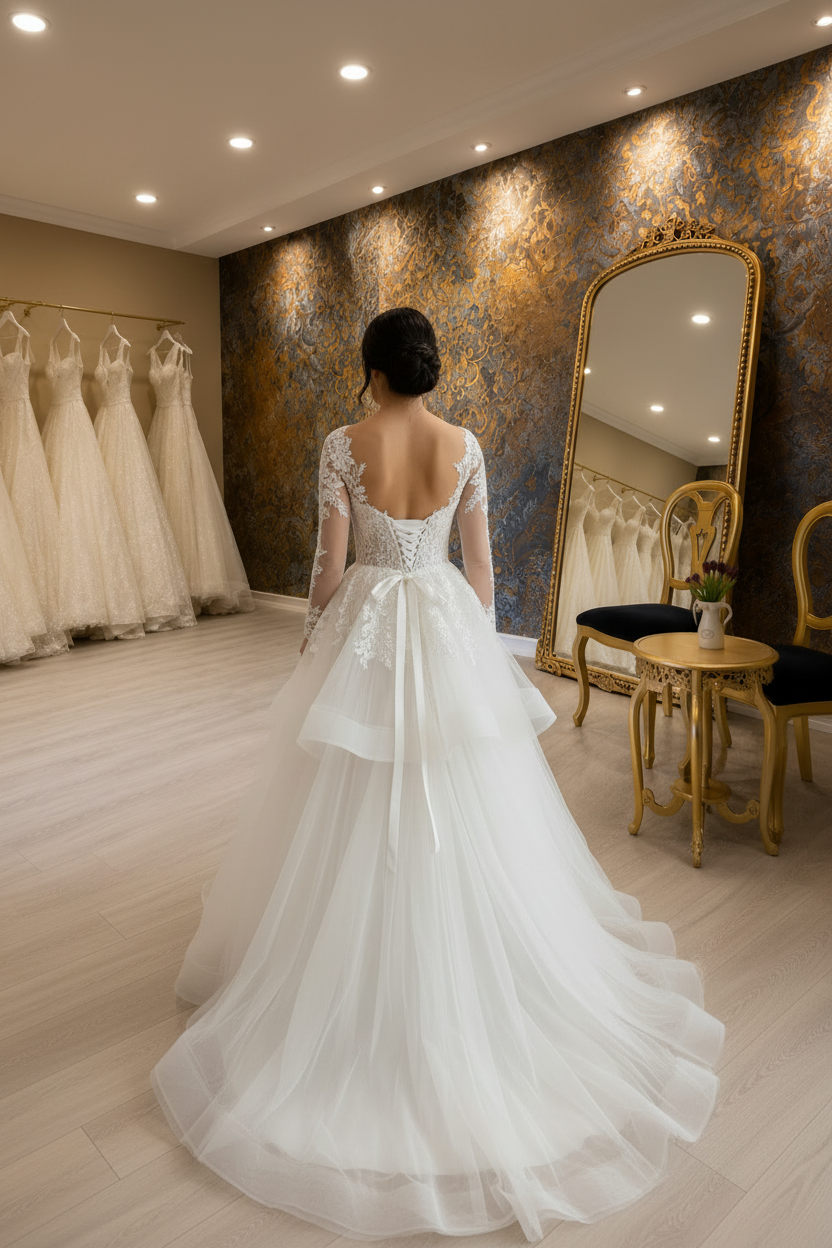 NIL-063 Tiered tul Fairytale vestido de novia – vista trasera