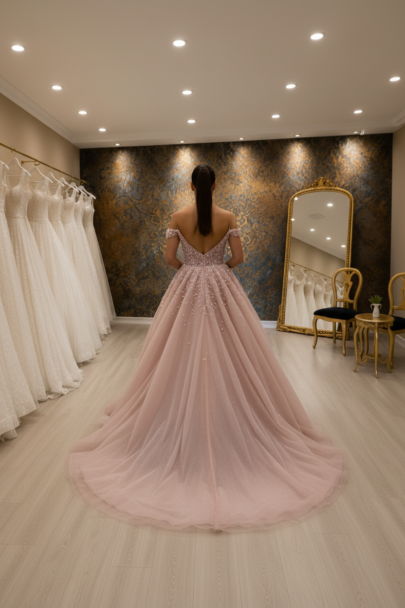 NIL-NS-257 Dusty Rose Blush Pearl Crystal Ball Gown Engagement Dress - Back View