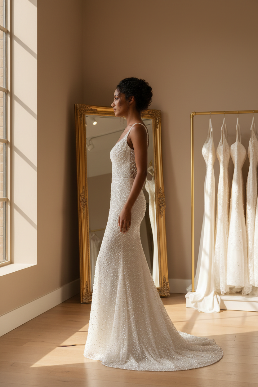 NIL-062 Pearl Beaded Sheath Gown – Dramatic Side View