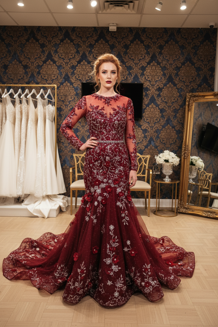 NIL-NS-117 Crimson Red Silver Crystal Mermaid Engagement Dress - Front View