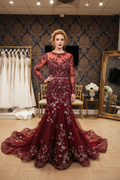 NIL-NS-117 Crimson Red Silver Crystal Mermaid Engagement Dress - Front View