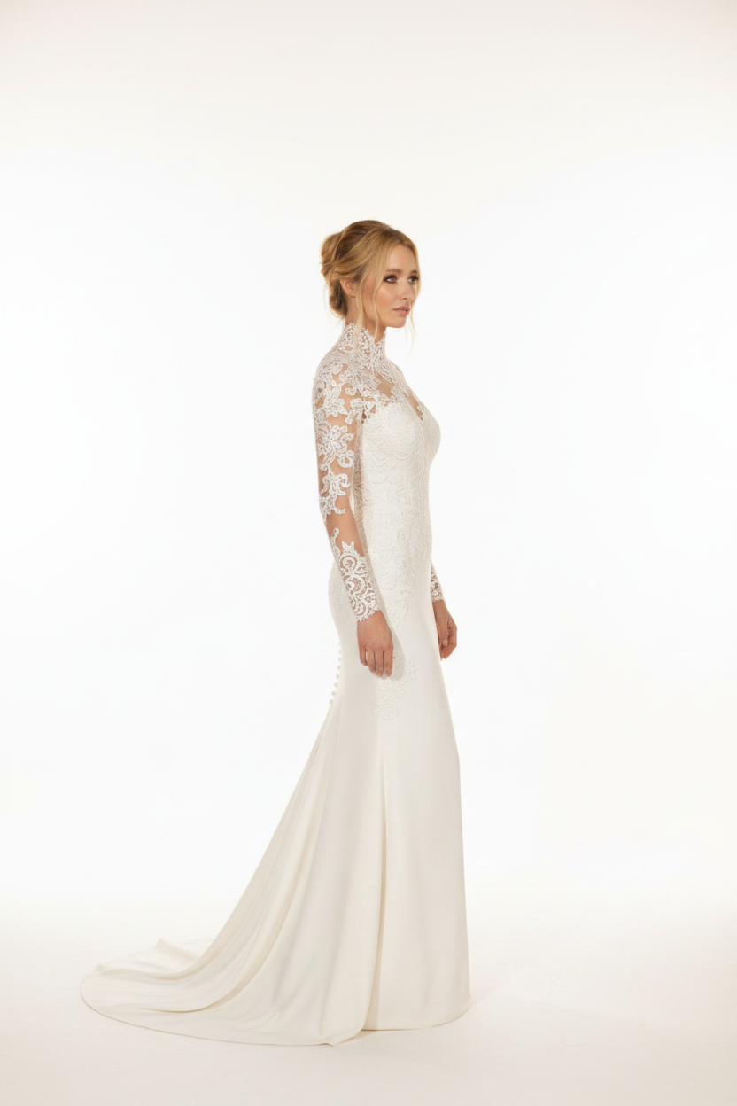 NIL-116 Ivory High Neck Wedding Dress – Side View