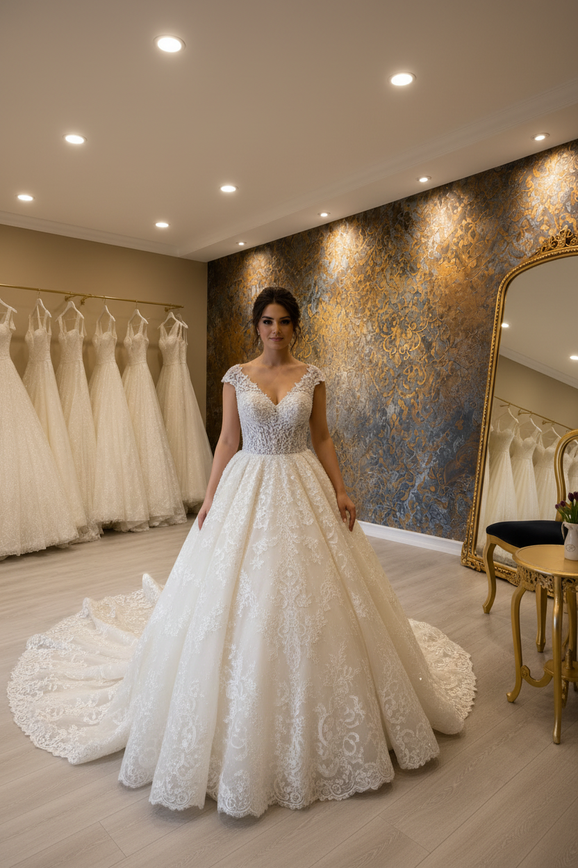 NIL-191 Soft Ivory Antique Lace Ball Gown – Front View