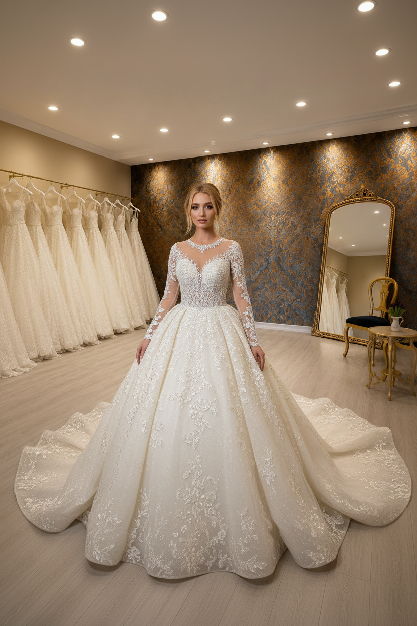 NIL-025 Soft Ivory Royal Princess Ball Gown Hijab Style Front View