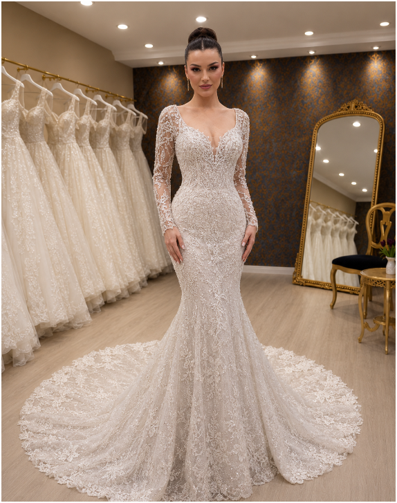 NIL-079-Soft-Ivory-Mermaid-Wedding-Dress-Full-Lace-Deep-V-Neckline-Long-Sleeve-Crystal-Beaded-Lace-Applique-Corseted-Waist-Cathedral-Train-Luxury-Couture-Dubai-Gulf-Front-View