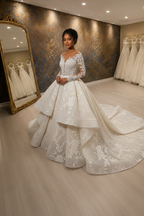 NIL-027 Soft Ivory Royal Princess Ball Gown Detachable Overskirt Hijab Style Front View
