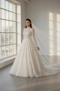 NIL-242 – Champagne Lace A-Line Bridal Gown with Chapel Veil | High Neck | Long Lace Sleeves | Modest Couture