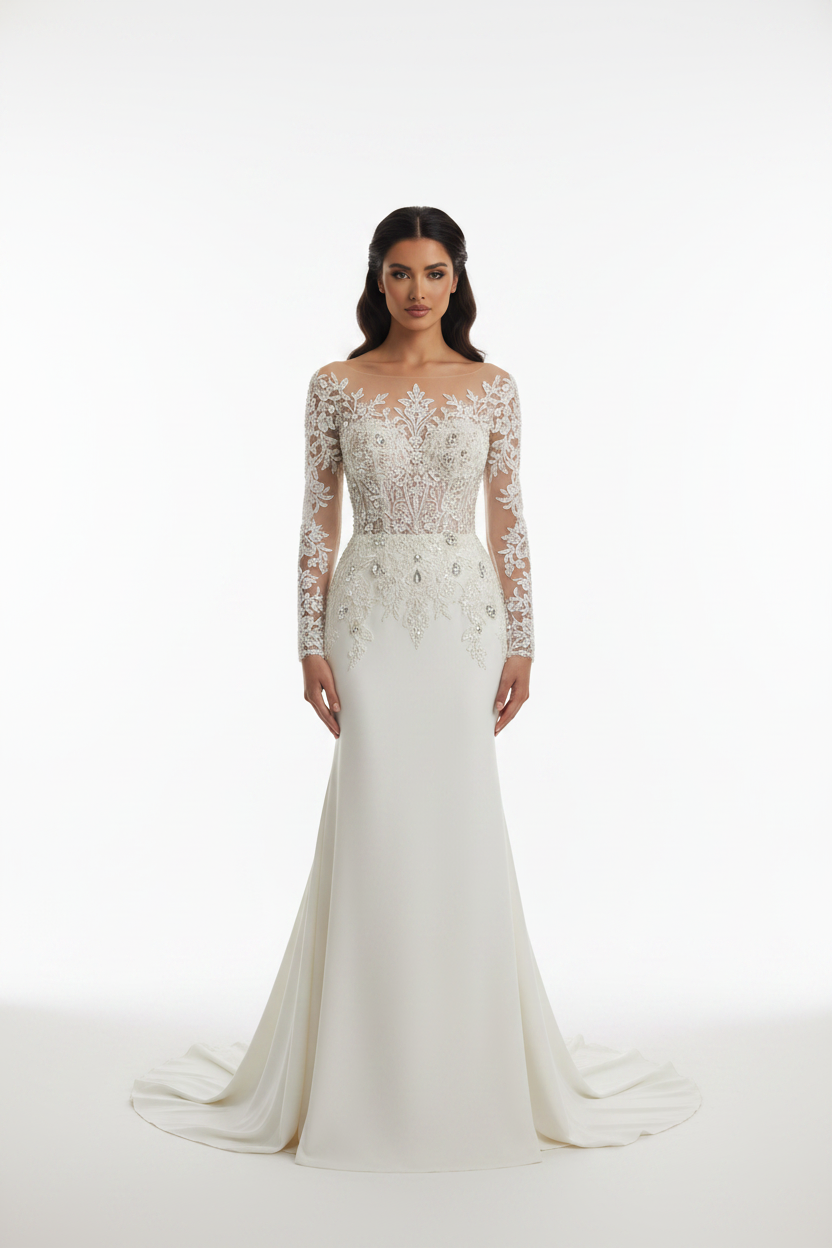 NIL-118 Soft Ivory Long Sleeve Couture Wedding Dress – Front View