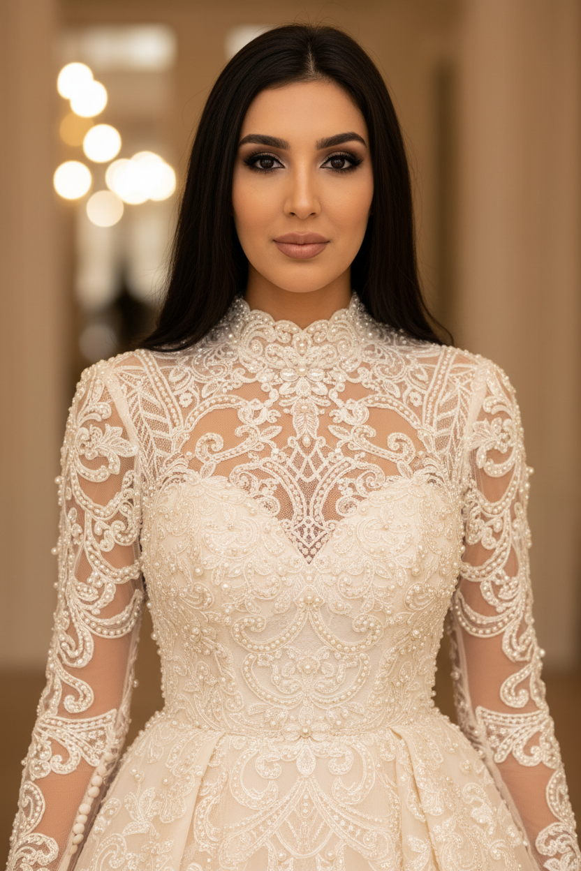 NIL-091 Champagne A-Line Modest Bridal Gown – Detail View