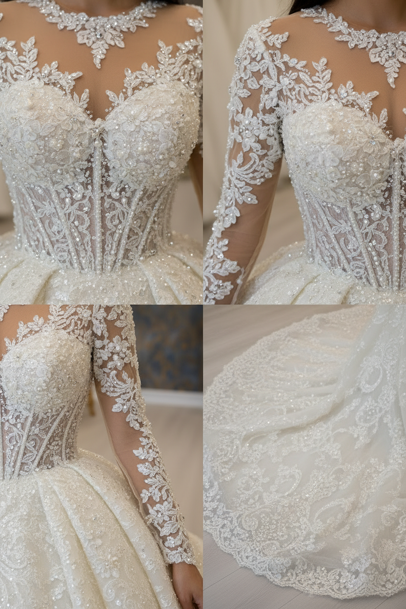 NIL-023 Off White Ivory Royal Princess Ball Gown detail craftsmanship collage by NIL Wedding Dress