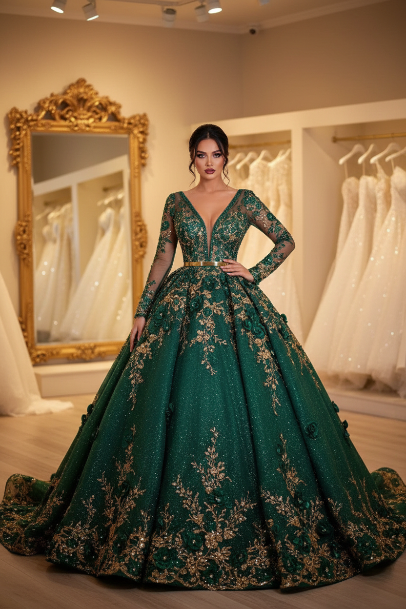 NIL-NS-003 Emerald Green Gold Crystal A-Line Engagement Dress - Front View