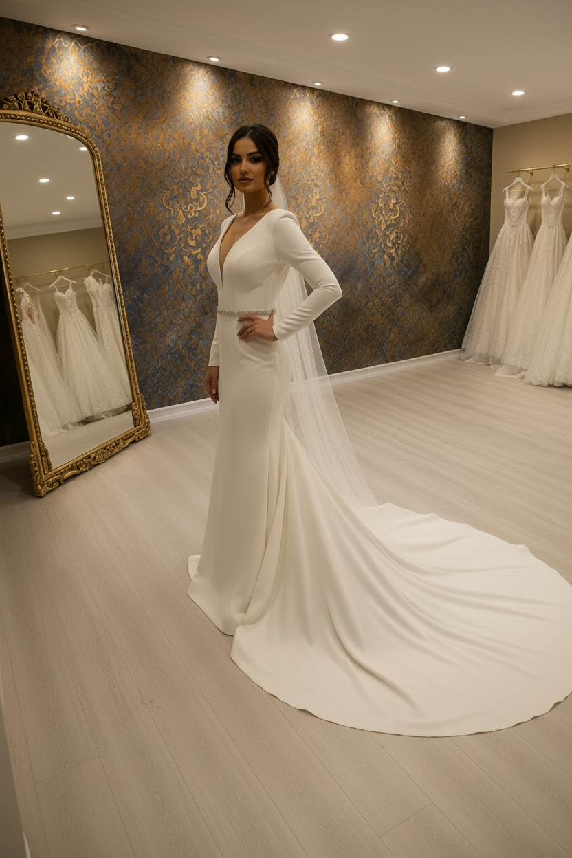 NIL-245 – Sleek Minimal Crepe Trumpet Bridal Gown with Chapel Veil | Deep V-Neck | Long Sleeves | Crystal Belt