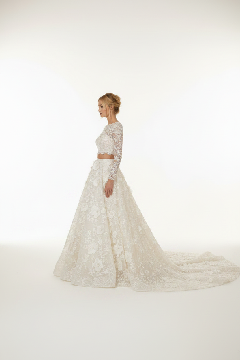 NNC-110 Ivory Two-Piece Floral Bridal Set - Side Profile