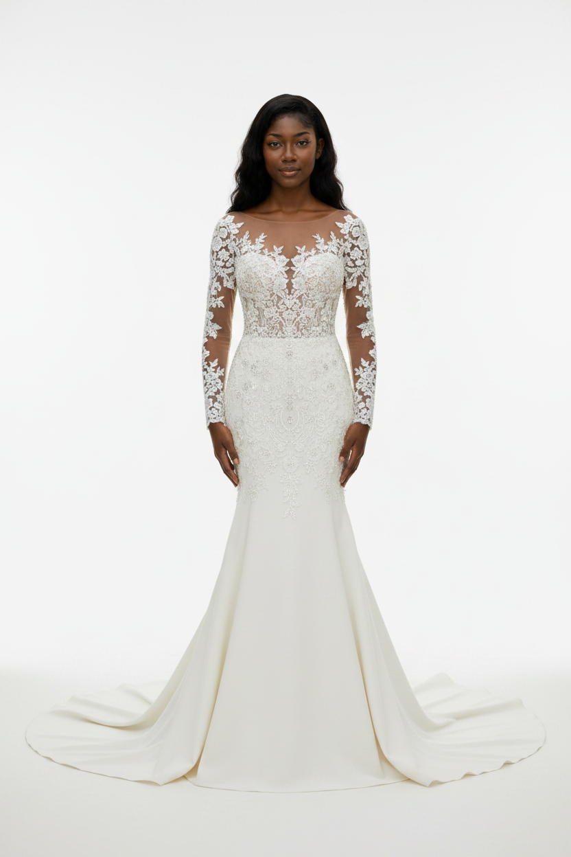 NIL-122 soft ivory mermaid wedding dress front view with crystal pearl lace by NIL Wedding Dress