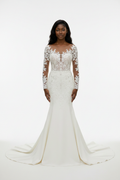 NIL-122 soft ivory mermaid wedding dress front view with crystal pearl lace by NIL Wedding Dress