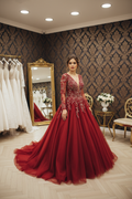 NIL-NS-243 Crimson Red Crystal Ball Gown Engagement Dress - Front View