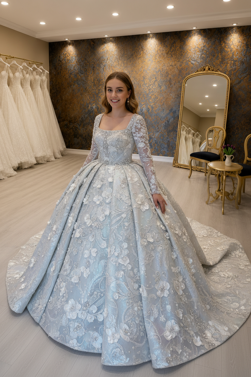 NIL-269 3D Crystal Floral Ballgown - Full Body Front View