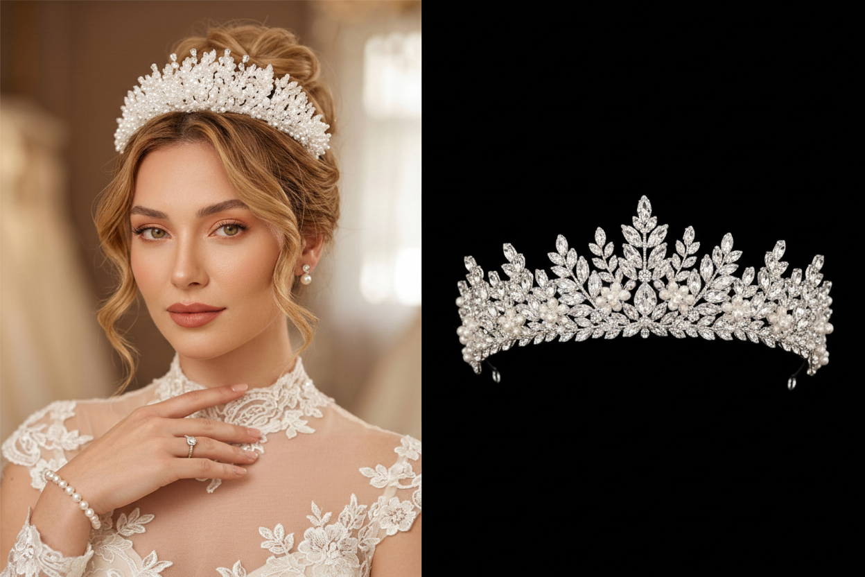 Pearl and crystal zircon floral bridal crown collage - model and product
