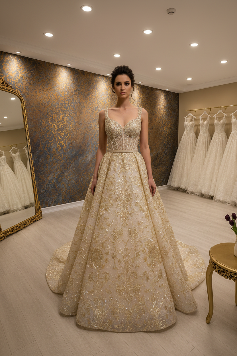 NIL-051 champán Gold Lujo vestido de novia – vista frontal