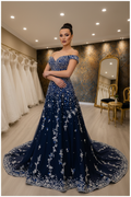 NIL-NS-272 Navy Blue Royal Crystal A-Line Engagement Dress - Front View