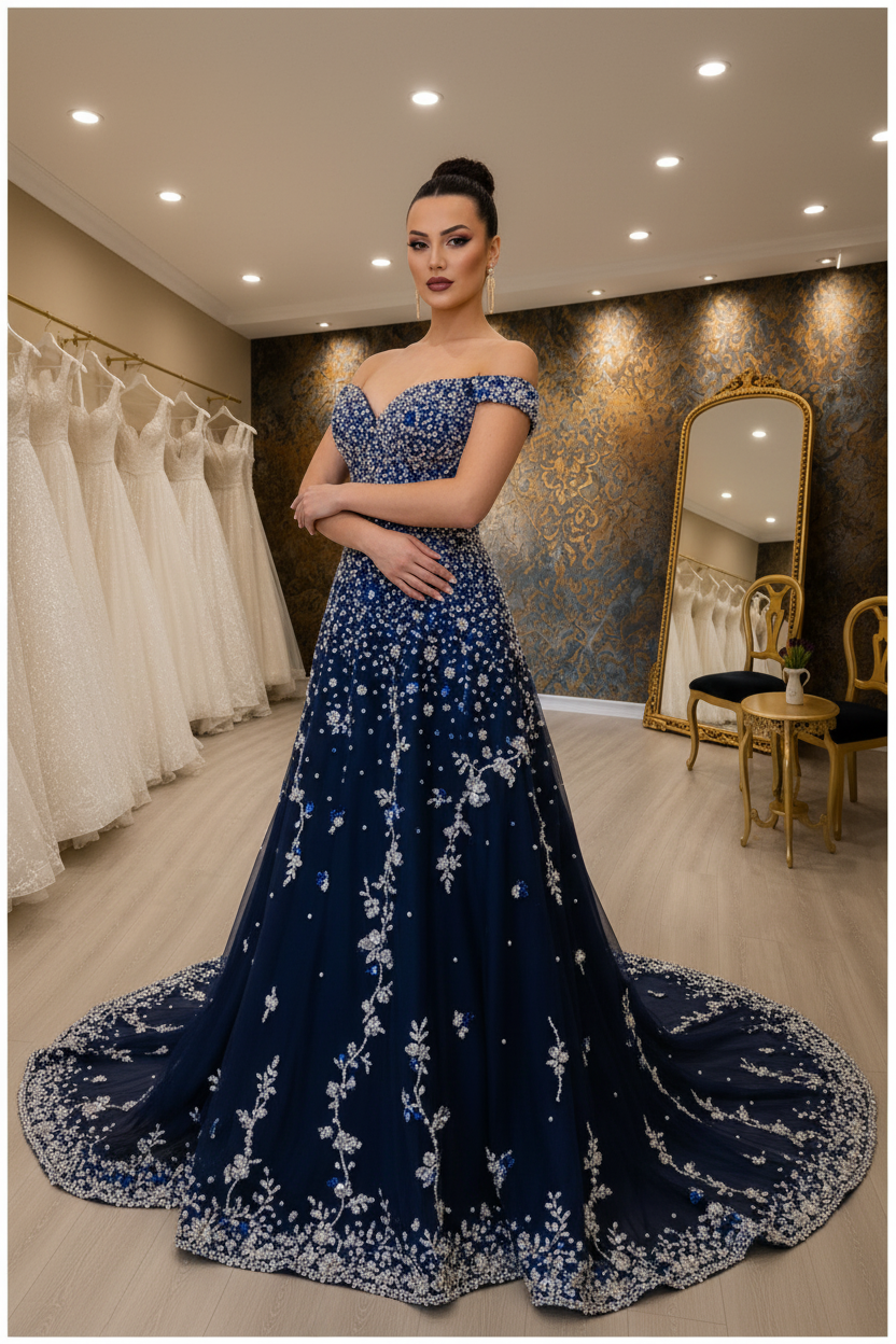 NIL-NS-272 Navy Blue Royal Crystal A-Line Engagement Dress - Front View