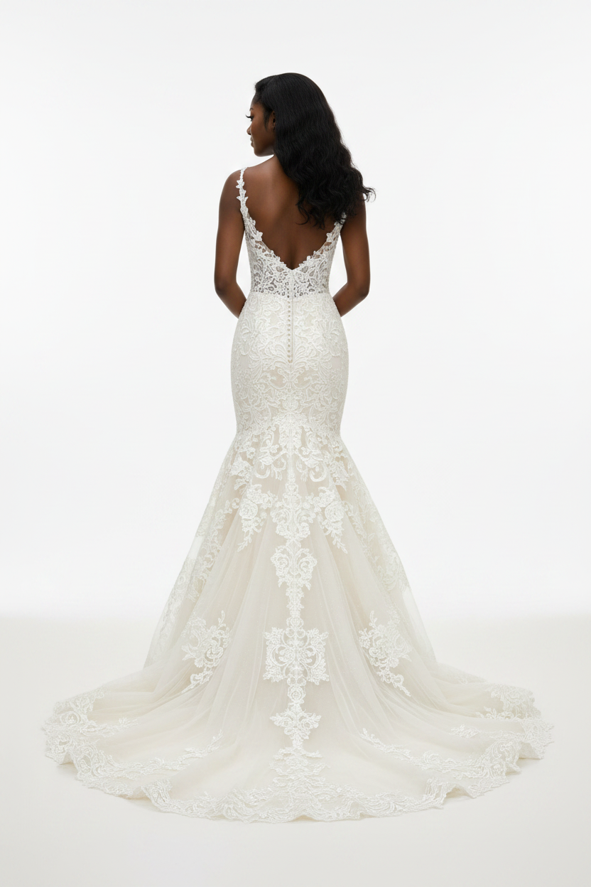 NIL-114 Cream Fit and Flare Wedding Dress – Back View