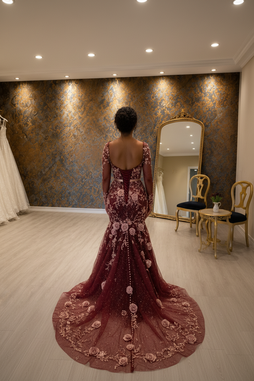 NIL-NS-241 Burgundy Rose Gold Crystal Mermaid Engagement Dress - Back View