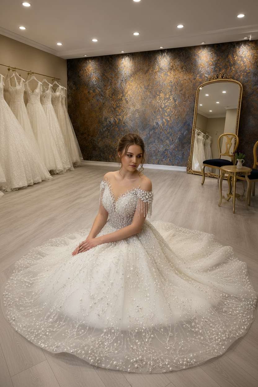 NIL-263 3D Pearl Branch Ballgown - Seated Pose